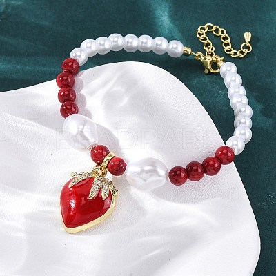 Strawberry Brass Micro Pave Clear Cubic Zirconia Charm Bracelets BJEW-G740-04G-1