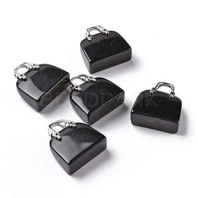 Natural Black Obsidian Brass Pendants KK-E274-01P-011-1