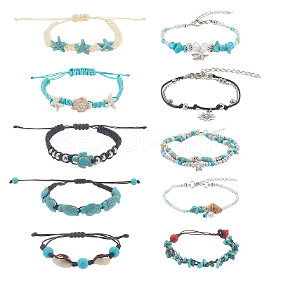 10Pcs 10 Style Synthetic Turquoise & Natural Shell & Seed Braided Bead Bracelet & Anklet AJEW-AN0007-10-1