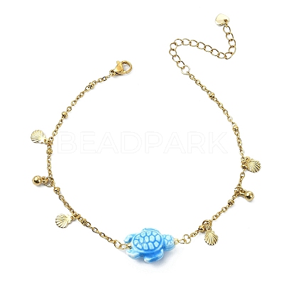 304 Stainless Steel Satellite Chain Dyed Synthetic Turquoise Blue Turtle Link Summer Beach Anklets for Women AJEW-AN00802-1