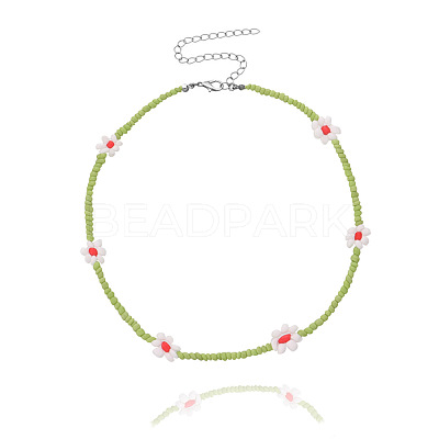Bohemian Daisy Flower Glass Seed Beaded Necklaces with Alloy End Chains FS-WGC49A6-10-1