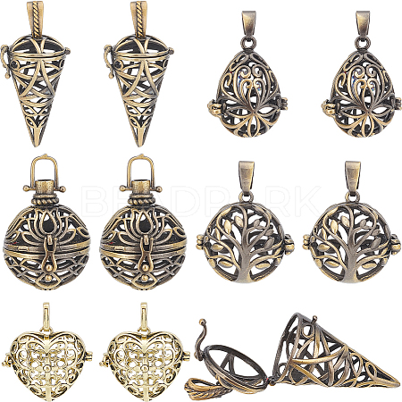 SUNNYCLUE 10Pcs 5 Styles Tibetan Style Brass Rack Plating Cage Pendants KK-SC0004-36-1