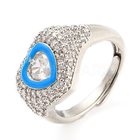 Enamel Heart Adjustable Ring with Clear Cubic Zirconia RJEW-Q781-01P-02-1