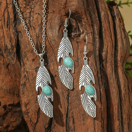 Bohemian Style Alloy & Synthetic Turquoise Pendant Necklaces & Dangle Earrings Sets WG2E1B4-02-1