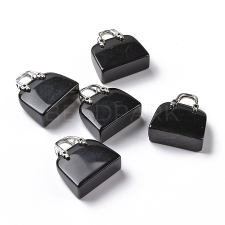Natural Black Obsidian Brass Pendants KK-E274-01P-011-1