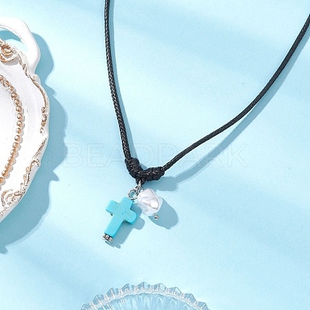 Adjustable Dyed Synthetic Turquoise with Round Plastic Imitation Pearl Cross Pendant Black Waxed Polyester Cord Necklaces for Women NJEW-JN05384-01-1