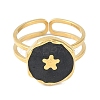 Ion Plating(IP) 304 Stainless Steel Enamel Flat Round with Flower Cuff Finger Rings RJEW-L107-067G-02-2