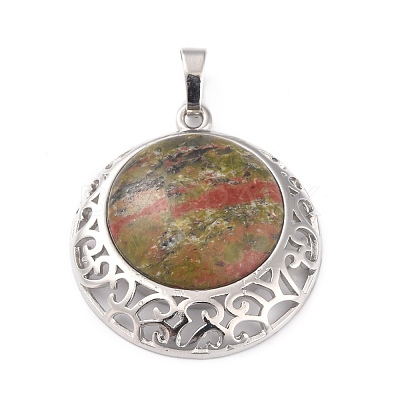 Natural Unakite Pendants with Hollow Platinum Brass Findings G-P448-A09-P-1
