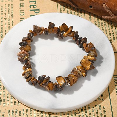 Unisex Chip Natural Tiger Eye Beaded Stretch Bracelets BJEW-S143-02-1