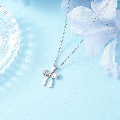 Brass Pave Clear Cubic Zirconia Bowknot Pendant 304 Stainless Steel Cable Chain Necklaces for Women NJEW-JN05357-1