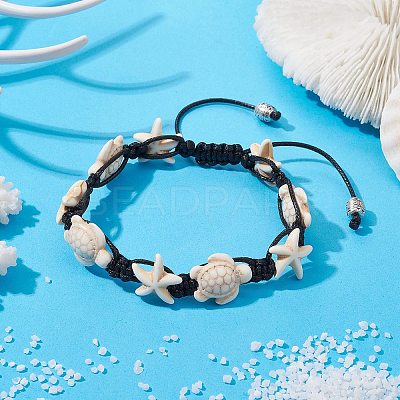 Synthetic Turquoise Starfish & Turtle Braided Bead Bracelet BJEW-TA00388-02-1