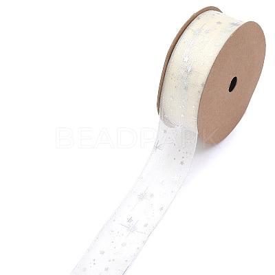 20 Yards Silver Stamping Star Organza Ribbons PW-WG89757-03-1