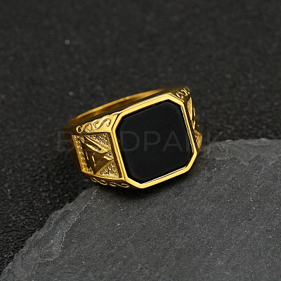 304 Stainless Steel with Natural Black Agate Finger Rings FS-WG06E27-09-1