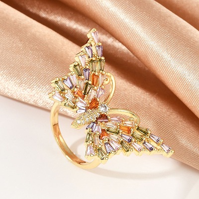 Butterfly Brass Micro Pave Colorful Cubic Zirconia Finger Rings for Women RJEW-G343-30G-01-1