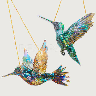 2Pcs 2 Styles Acrylic Bird Hanging Suncatchers HJEW-CN0001-32-1