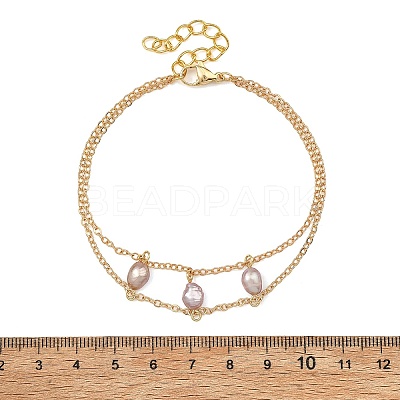 Brass Cable Chains & Rice Natural Cultured Freshwater Pearl Double Layers Bracelets for Women BJEW-JB14135-01-1