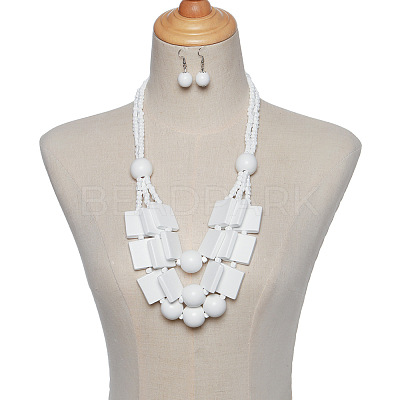 Wood Rectangle & Round Beaded Multilayer Necklaces & Dangle Earrings Sets FS-WG1E68D-01-1