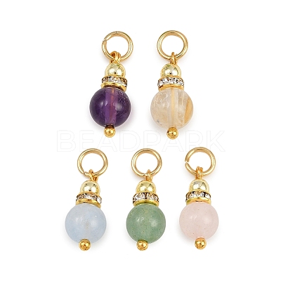 5Pcs 5 Styles Natural Green Aventurine & Rose Quartz & Amethyst & Dyed White Jade & Citrine Round Charms PALLOY-JF04363-1