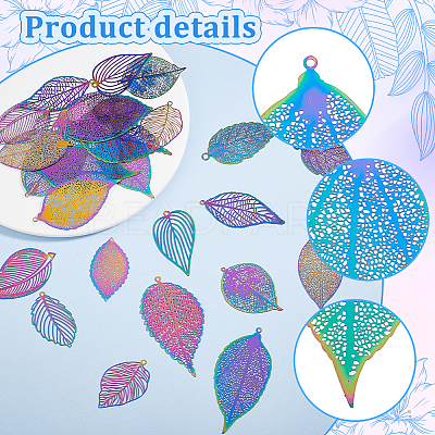 26Pcs 13 Styles Ion Plating(IP) 201 Stainless Steel Filigree Pendants STAS-GA0001-67-1