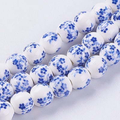 Handmade Flower Printed Porcelain Ceramic Beads Strands PORC-J006-C03-1