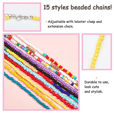 15Pcs 15 Styles Round Glass Seed Beads Choker Necklaces NJEW-AR0001-01-1