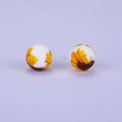 Printed Round with Sunflower Pattern Silicone Focal Beads SI-JX0056A-211-1