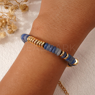 Disc Natural Blue Chalcedony & 304 Stainless Steel Beaded Bracelet for Women VZ6468-1