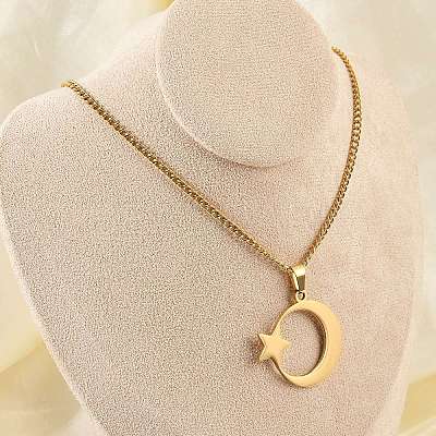 201 Stainless Steel Crescent Moon Star Pendant Twisted Chain Necklaces NJEW-S387-07G-1