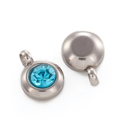 Trendy Original Color 304 Stainless Steel Faceted Grade A Rhinestone Flat Round Charms Pendants RB-N030-01G-1