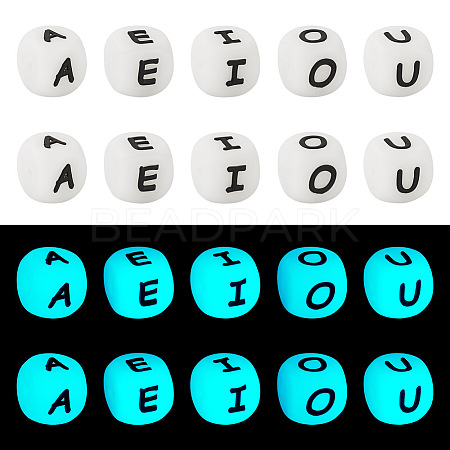  50Pcs 5 Style Luminous Cube with Letter Food Grade Eco-Friendly Silicone Beads SIL-TA0001-51-1