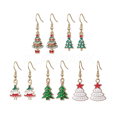 5Pairs 5 Styles Christmas Tree Alloy Enamel Dangle Earrings EJEW-JE05828-1