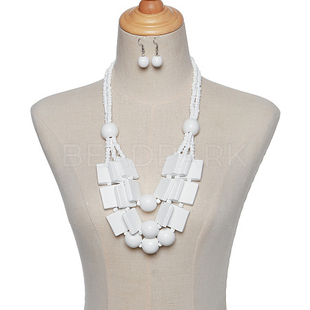 Wood Rectangle & Round Beaded Multilayer Necklaces & Dangle Earrings Sets FS-WG1E68D-01-1