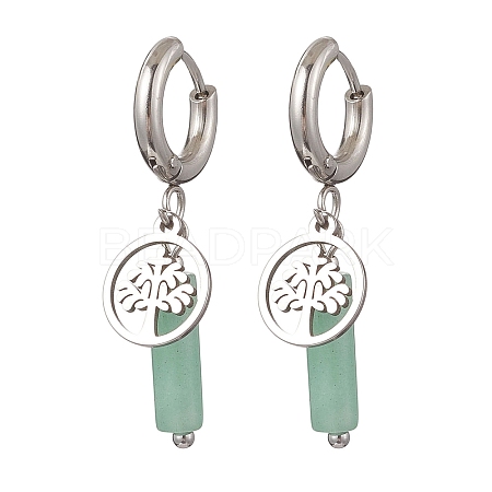 304 Stainless Steel Green Aventurine Column Hoop Earrings EJEW-JE06791-01-1