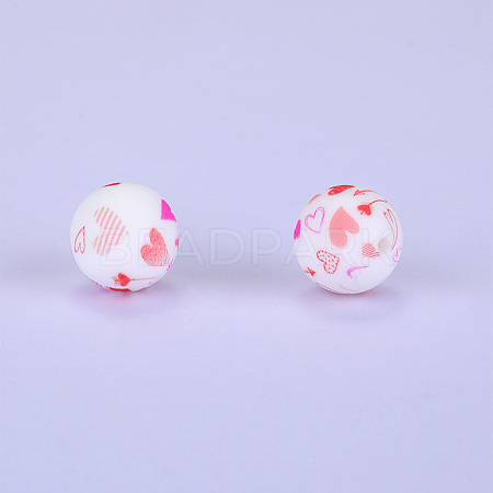 Printed Round with Heart Pattern Silicone Focal Beads SI-JX0056A-205-1