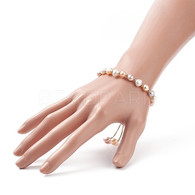 Dyed Natural Pearl & Brass Round Beaded Slider Bracelet BJEW-JB09008-02-1