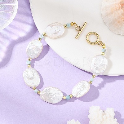 Natural Baroque Keshi Pearl Oval & Natural Larimar & Brass Beaded Bracelets BJEW-JB14338-1