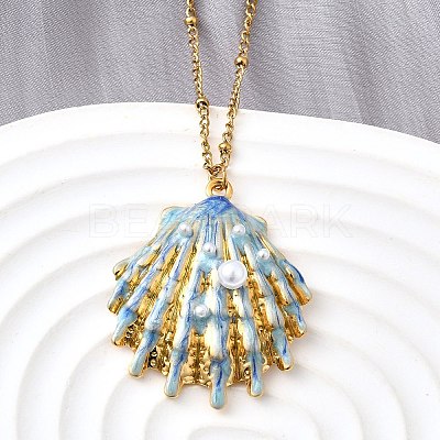 Summer Beach 304 Stainless Steel Light Sky Blue Enamel Pendant Necklaces for Women NJEW-U043-01B-G-1