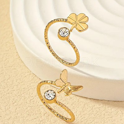 2Pcs 2 Styles Brass Crystal Rhinestone Butterfly Clover Cuff Toe Ring Sets FS-WG20A77-03-1