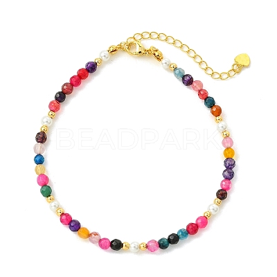 Faceted Round Natural Agate(Dyed & Heated) & Shell Pearl & Brass Beaded Anklets AJEW-AN00881-1