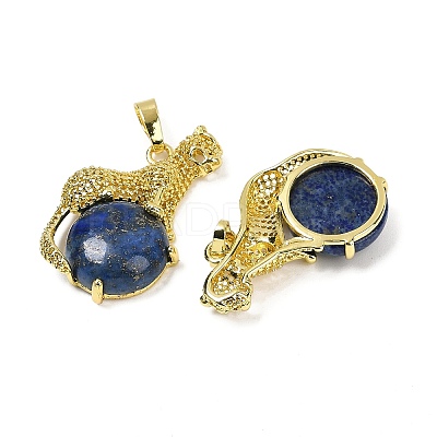 Dyed Natural Lapis Lazuli Ball with Leopard Shape Brass Pendants KK-F887-04G-23-1