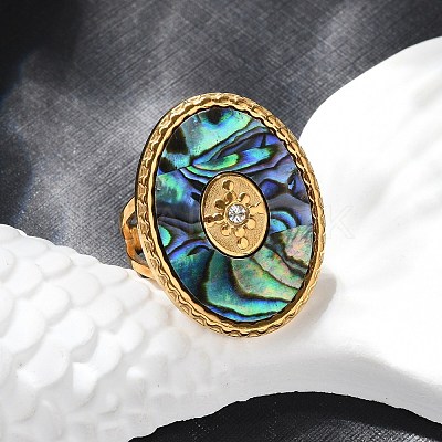 Oval 304 Stainless Steel & Paua Shell & Rhinestone Cuff Rings for Women X-RJEW-G346-06G-02-1