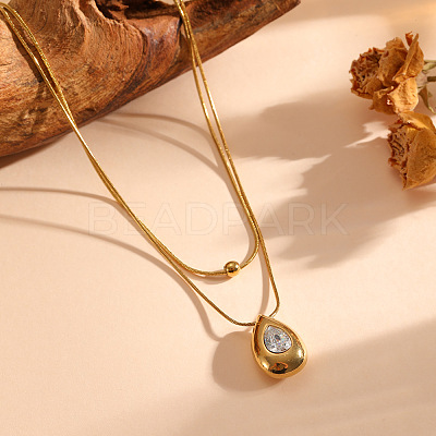 304 Stainless Steel Pave Clear Cubic Zirconia Teardrop Pendant Double Layer Necklaces for Women WGED4DB-05-1