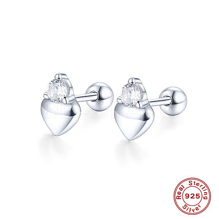 Rhodium Plated 925 Sterling Silver Heart Stud Earring with Cubic Zirconia KB6220-1-1