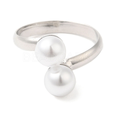 Rack Plating Brass Open Cuff Rings with Round Plastic Pearl Beads for Women RJEW-Q770-26P-1