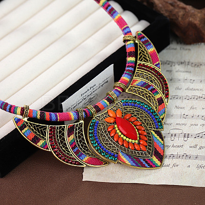 Bohemian Style Colorful Flower Alloy Coral Rhinestone & Polyester Cord Pendant Bib Necklaces for Women FS-WG73F41-01-1