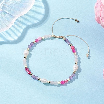 3Pcs Natural Mixed Gemstone & Cultured Freshwater Pearl Beads Braided Bead Bracelets for Women BJEW-JB12666-1