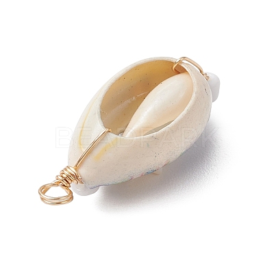 Copper Wired Printed Natural Cowrie Shell Pendants PALLOY-JF03111-1