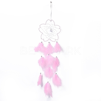 Handmade Flower Woven Net/Web with Feather Wall Hanging Decoration LS-HJEW-A001-03A-1