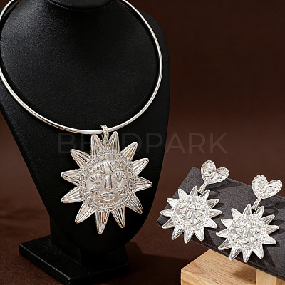Sun Face Alloy Pendant Choker Necklaces & Stud Dangle Earrings Sets for Women WG548F2-02-1