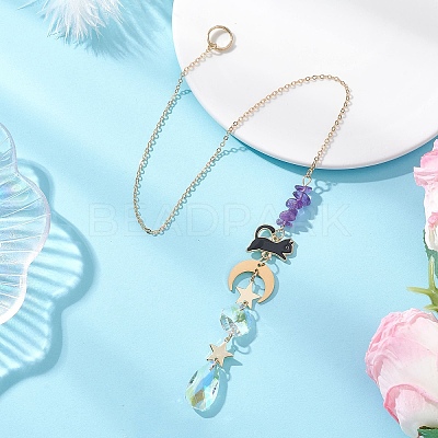 Teardrop Glass & Natural Amethyst Beads Hanging Suncatchers HJEW-JM04611-1